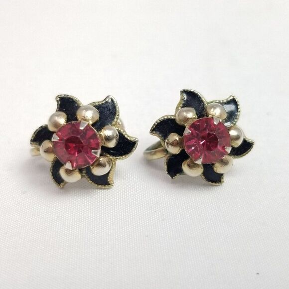 Vintage Pink Rhinestone Flower Clip On Earrings, Silver Tone Prong Set, Estate - Picture 2 of 7